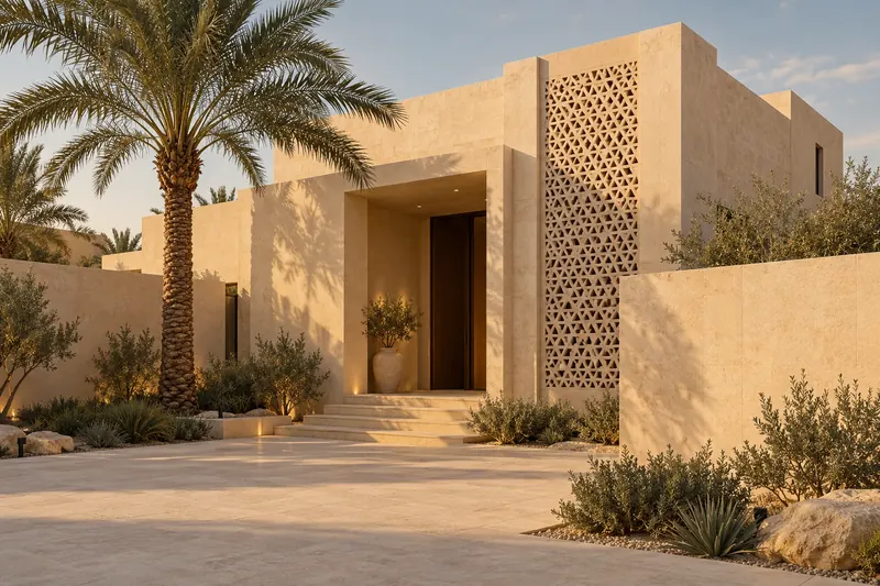 تصور معماري لفيلا سعودية معاصرة بواجهة حجرية ونخلة